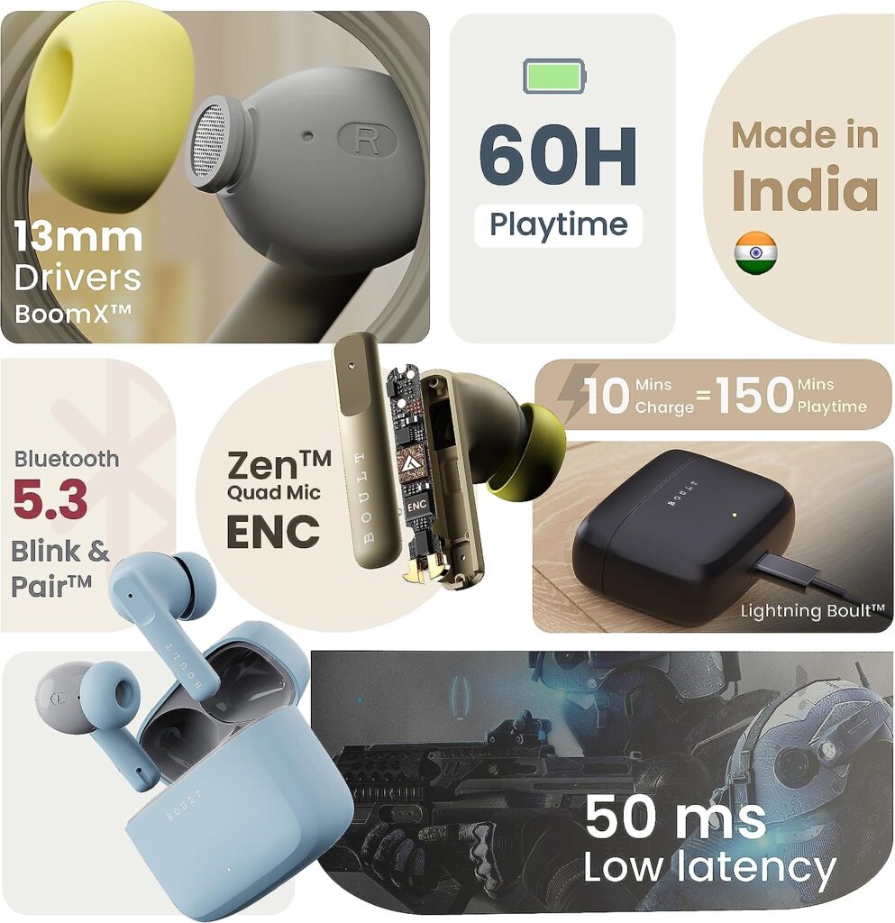 Boult Audio Newly Launched Z60 True Wireless in Ear Earbuds with 60H Playtime, Quad Mic ENC Clear Calling, 50ms Low Latency Gaming, IPX5 Ear Buds TWS, Bluetooth 5.3, 13mm Bass Drivers (Spring Green)