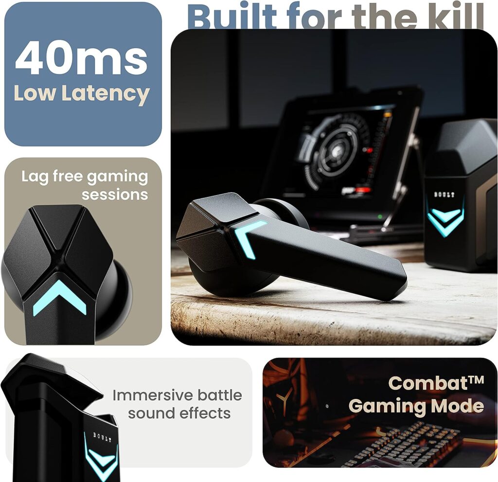 Boult Newly Launched Ammo True Wireless In Ear Earbuds with 40ms Lowest Latency, 40H Playtime, ENC Mic, Made in India, 13mm Bass Drivers, Interactive LEDs, Type-C Fast Charging (10Min=150min) Ear Buds