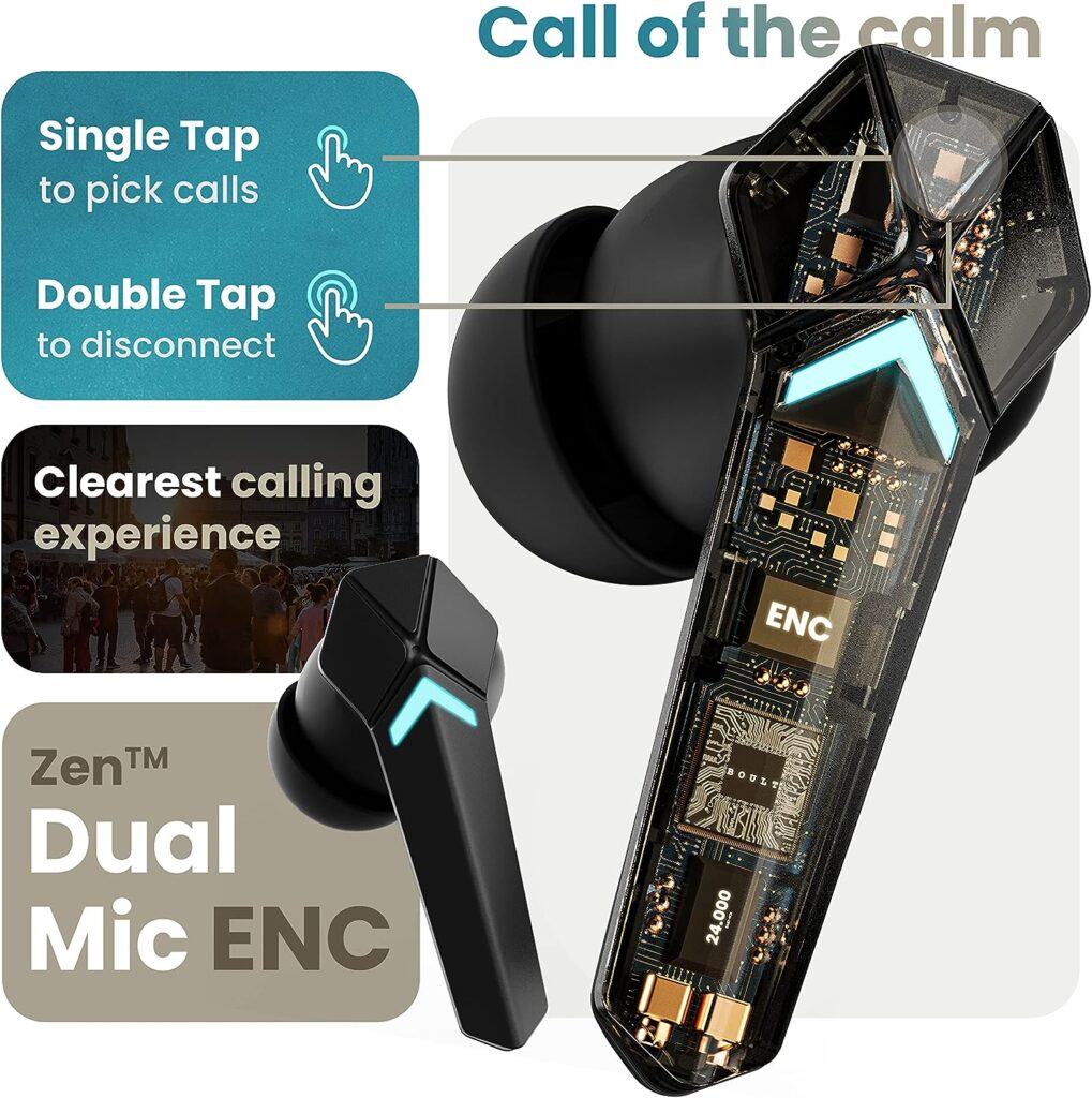 Boult Newly Launched Ammo True Wireless In Ear Earbuds with 40ms Lowest Latency, 40H Playtime, ENC Mic, Made in India, 13mm Bass Drivers, Interactive LEDs, Type-C Fast Charging (10Min=150min) Ear Buds