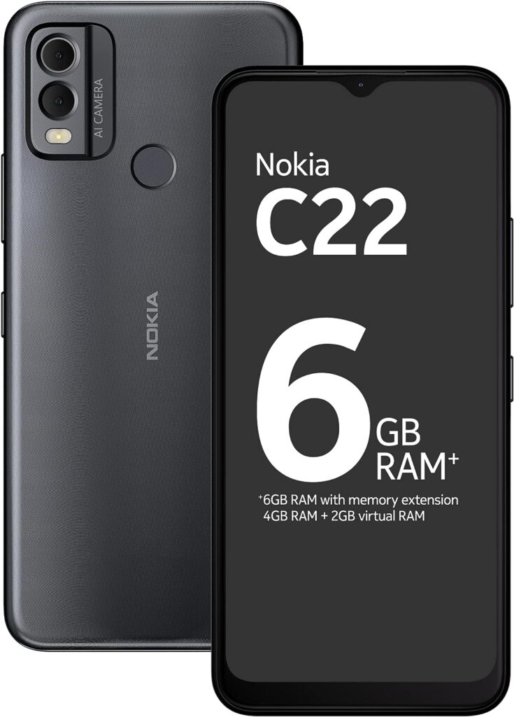 Nokia C22 | 3-Day Battery Life | 6GB RAM (4GB RAM + 2GB Virtual RAM) | 13 MP Dual Rear AI Camera with Night Portrait Mode | IP52 | Charcoal