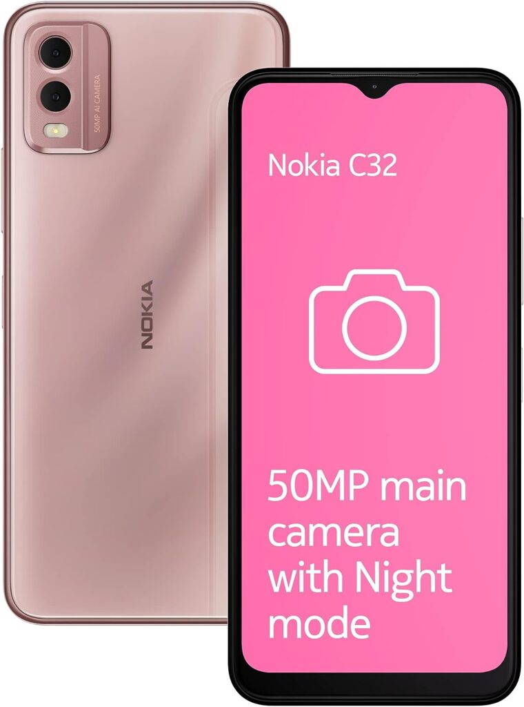 Nokia C32 with 50MP Dual Rear AI Camera | Toughened Glass Back | 4GB RAM, 128GB Storage | Upto 7GB RAM with RAM Extension | 5000 mAh Battery | 1 Year Replacement Warranty | Android 13 | Pink