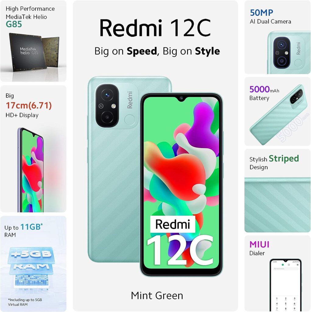 Redmi 12C (Mint Green, 4GB RAM, 128GB Storage)