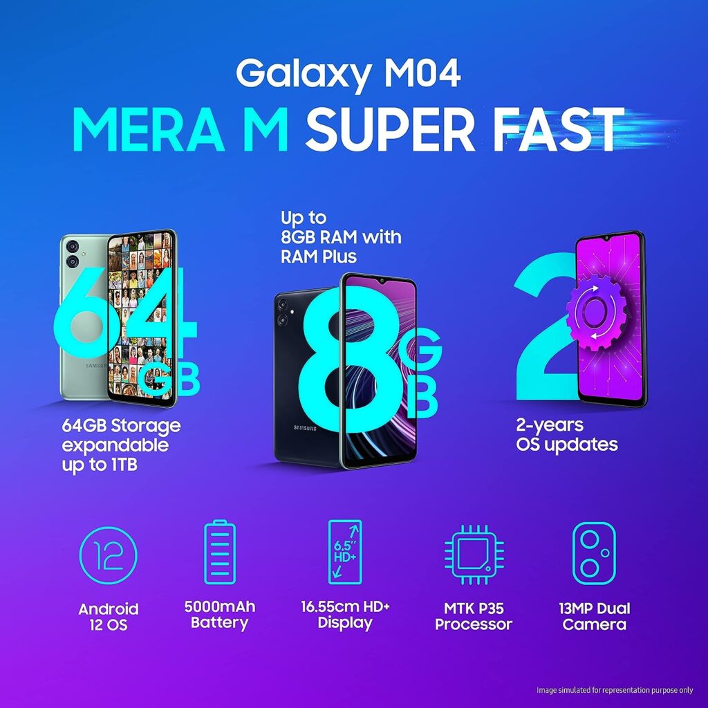 Samsung Galaxy M04 Dark Blue, 4GB RAM, 64GB Storage | Upto 8GB RAM with RAM Plus | MediaTek Helio P35 Octa-core Processor | 5000 mAh Battery | 13MP Dual Camera