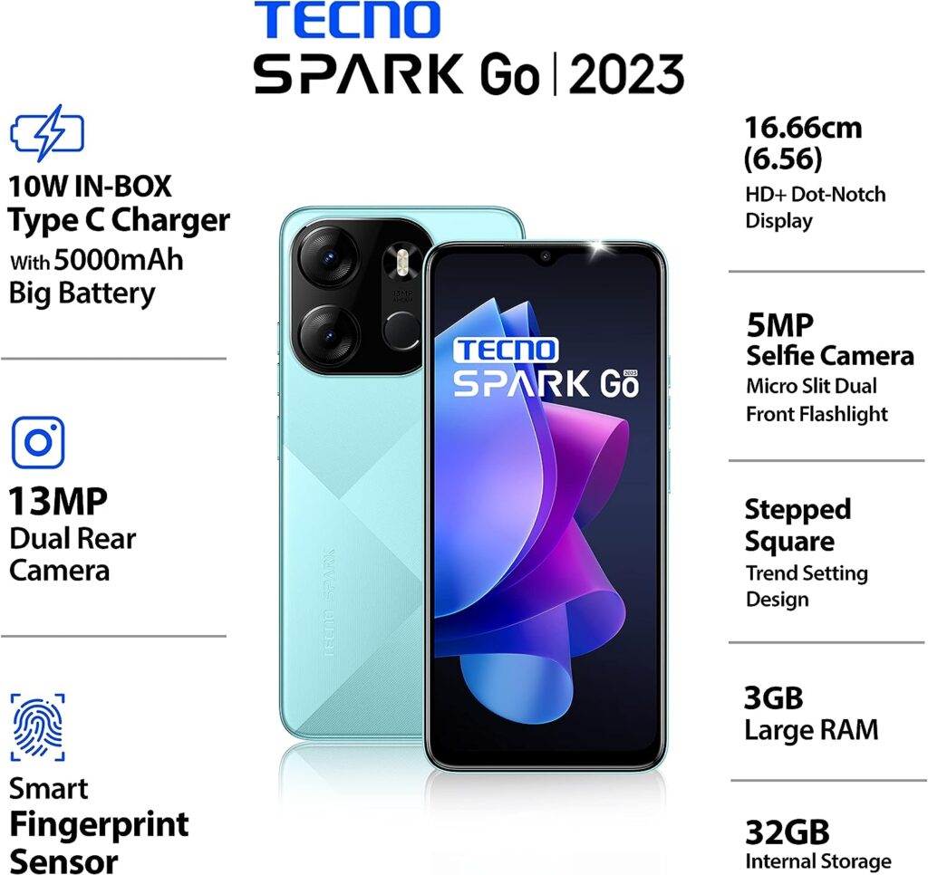 TECNO Spark Go 2023 (Uyuni Blue, 3GB RAM,32GB Storage) | 5000mAh Battery | 6.56 HD+ Display | 13MP Dual Rear Camera | Type C Port