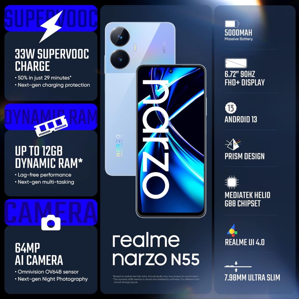 realme narzo N55 (Prime Blue, 4GB+64GB) 33W Segment Fastest Charging | Super High-res 64MP Primary AI Camera